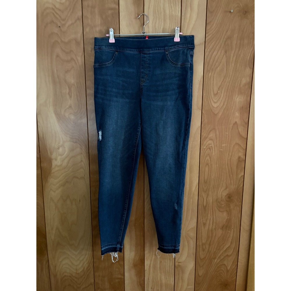 Spanx Jean-ish Ankle Leggings Dark Wash Distressed Raw Hem XL Slimming Denim‎
